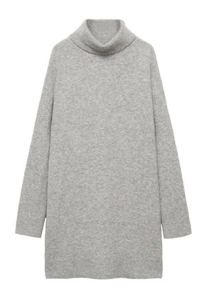 Lichtgrijs, langärmelig gebreide jurk met geribbelde col en zoom, gemaakt van een zachte, licht gestructureerde stof.