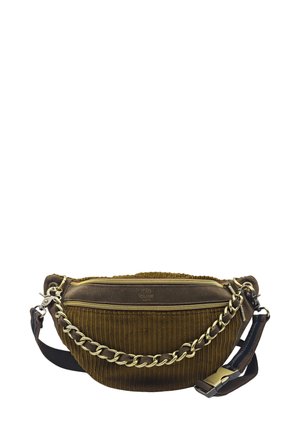 Sac en bandoulière en velours côtelé marron avec une surface texturée, accent en chaîne dorée, doubles compartiments à zip et une sangle ajustable.