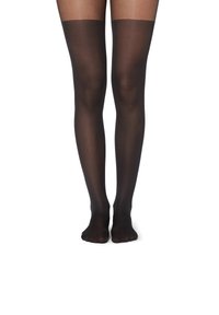 Bas résille noirs transparents jusqu'à la cuisse avec une finition mate et une large bande élastique en haut. Texture lisse, sans motifs ni coutures visibles.