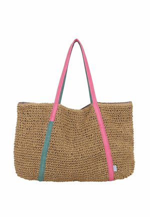 Geflochtene Strohtasche mit langen rosa und grünen Stoffgriffen, rechteckigem Boden und flexiblem, gebogenem Körperbau.