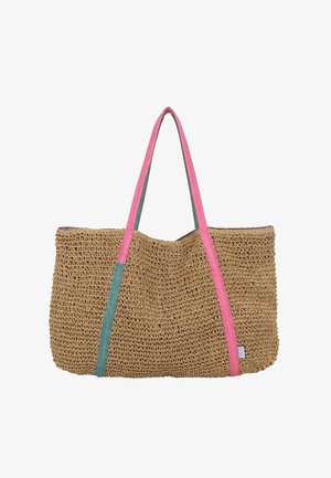 Sac cabas en paille tissée avec de longues anses en tissu rose et vert, base rectangulaire et structure souple et courbée.