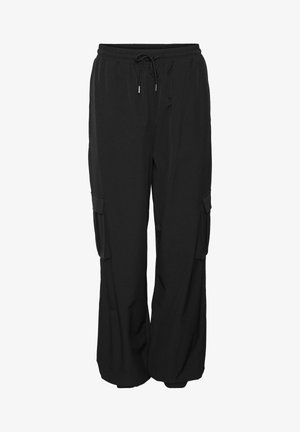 Black cargo pants made from soft fabric, featuring a relaxed fit, elastic waistband with drawstring, and side pockets.