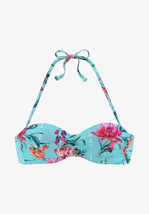 Bikini-Top aus türkisfarbenem Stoff mit floralem Muster, das pinke und orangefarbene Blumen zeigt; mit verstellbaren Bändern und einem Bandeau-Design.