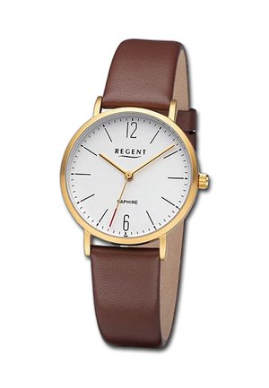 Braunes Lederarmbanduhr mit einem Gehäuse aus vergoldetem Edelstahl, weißem Zifferblatt, schwarzen Stundenmarkierungen und einem roten Akzent auf der 6-Uhr-Position.