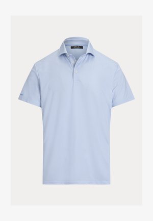 Jasnoniebieska koszulka polo z krótkim rękawem, subtelnym teksturowanym wzorem, kołnierzykiem na guziki i małym logo na lewym rękawie.