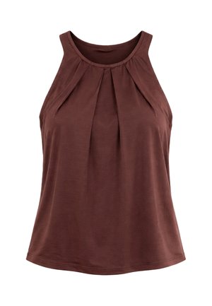 Canottiera marrone senza maniche con pieghe raccolte all'altezza della scollatura e scollo tondo arrotondato, realizzata in tessuto morbido e leggero.