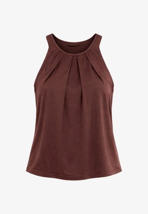 Canottiera marrone senza maniche con pieghe raccolte all'altezza della scollatura e scollo tondo arrotondato, realizzata in tessuto morbido e leggero.