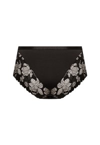 Czarna bielizna z kwiecistym koronkowym wzorem wzdłuż krawędzi, gładką fakturą i falistym wykończeniem, z jednolitą tkaniną na głównej części.