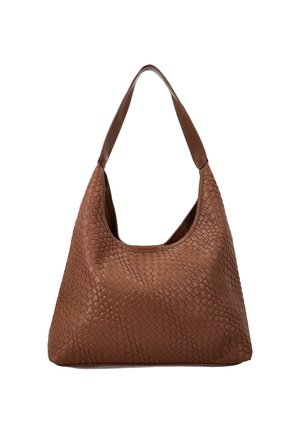 Brun vævet skuldertaske i læder med en bred enkelt rem og en løs, trekantet form.