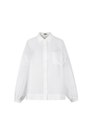 Witte overhemd met knopen gemaakt van textuurstof, met een klassieke kraag, lange mouwen en een enkele borstzak.