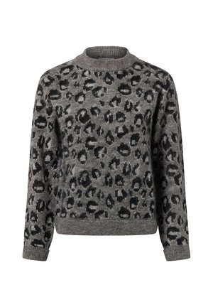 Long-sleeve gray sweater with black leopard print pattern, ribbed crew neckline, cuffs, and hem.