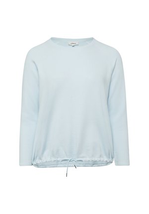 Jasnoniebieska koszula z długim rękawem, okrągłym dekoltem i regulowanym ściągaczem u dołu, prezentowana na białym tle.