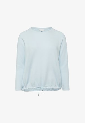 Jasnoniebieska koszula z długim rękawem, okrągłym dekoltem i regulowanym ściągaczem u dołu, prezentowana na białym tle.