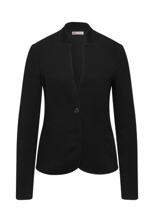 Blazer noir en tissu texturé avec fermeture à bouton unique, devant ouvert et manches longues, présentant une silhouette nette et ajustée.
