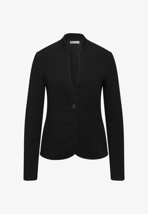 Blazer noir en tissu texturé avec fermeture à bouton unique, devant ouvert et manches longues, présentant une silhouette nette et ajustée.