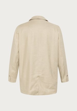 Beige linen jacket with a back pleat, long sleeves, and a notch collar. Features button accents at sleeve cuffs and a textured fabric.