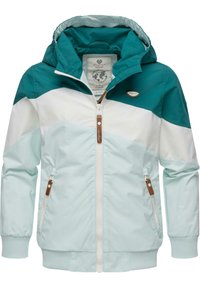Lättviktsjacka med huva i teal och vitt. Har en dragkedja fram, två sidofickor, tygdetaljer och ribbade muddar.