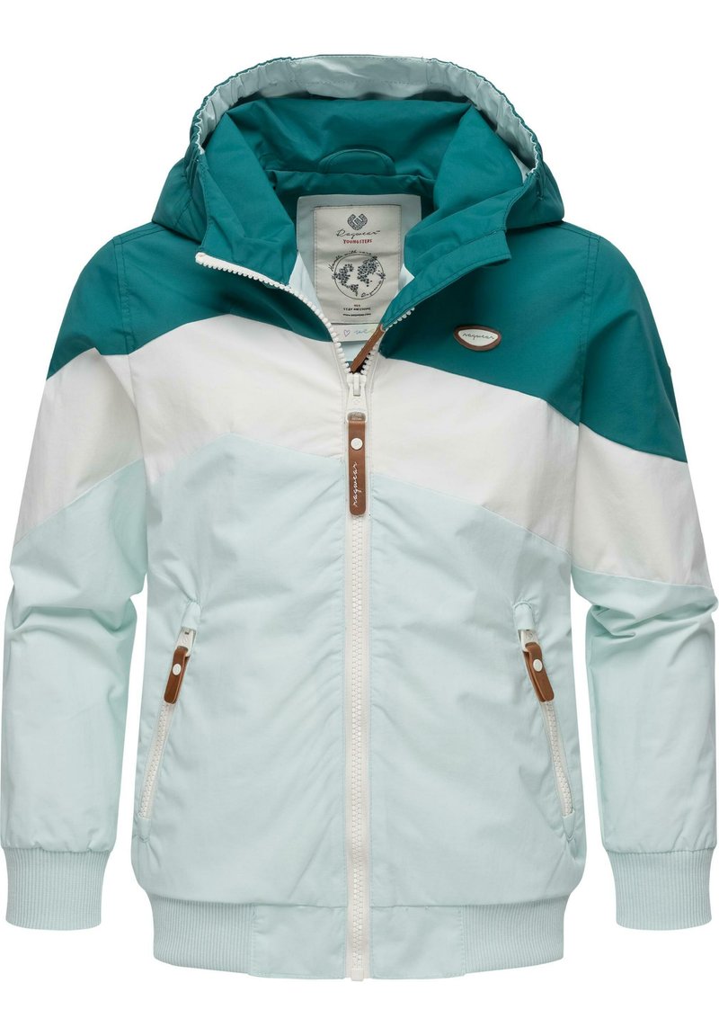 Lättviktsjacka med huva i teal och vitt. Har en dragkedja fram, två sidofickor, tygdetaljer och ribbade muddar.