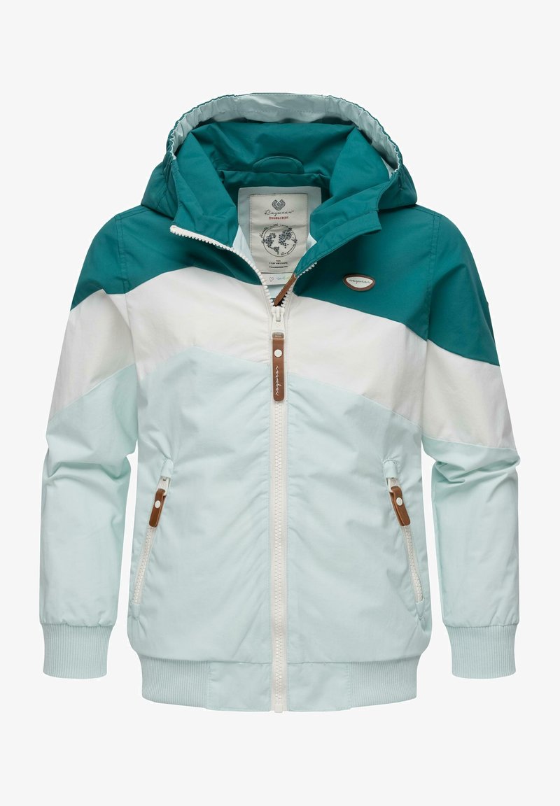 Lättviktsjacka med huva i teal och vitt. Har en dragkedja fram, två sidofickor, tygdetaljer och ribbade muddar.