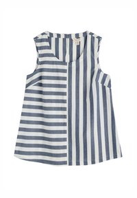 Top bez rękawów z połączeniem niebieskich i białych pionowych pasków, wykonany z lekkiego materiału. Okrągły dekolt oraz kieszenie w szwach bocznych.
