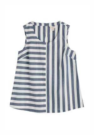 Hihaton paita, jossa on sekoitus sinisiä ja valkoisia pystysuoria raitoja, valmistettu kevyestä kankaasta. Pyöreä pääntie ja sivusaumapussit.