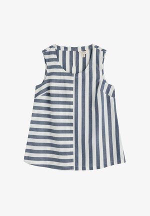 Hihaton paita, jossa on sekoitus sinisiä ja valkoisia pystysuoria raitoja, valmistettu kevyestä kankaasta. Pyöreä pääntie ja sivusaumapussit.