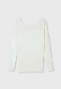 Pull en maille blanc à manches longues avec un large col rond et un ourlet et des poignets côtelés, présenté à plat sur un fond clair.