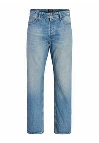 Svetlo modre kavbojke z ravnimi nogavicami, sprednja sponka z gumbom in zadrgo, zanke za pas in klasičen dizajn s petimi žepi.