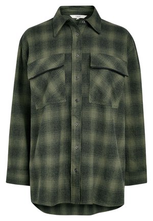 Chemise à carreaux verts et noirs à manches longues, boutonnée, avec deux poches poitrine à rabat et un col.