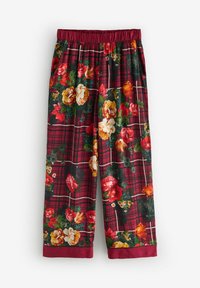 Floral-patterned pants in shades of red, green, and yellow; featuring an elastic waistband, plaid design, and smooth fabric texture.