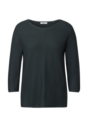 Dark green, long-sleeve top made of soft, textured fabric; features a round neckline and subtle seam detail down the center.