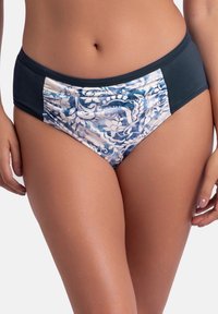 Augstas jostas vieta bikini apakšdaļa ar tumši zilo sānu paneļu, uz priekšpuses ir gaišs ziedu raksts zilā un baltā krāsā. Gluda tekstūra.