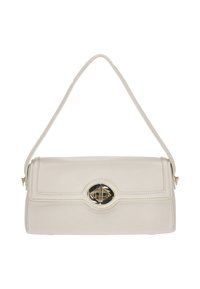 Geantă de mână din piele crem, cu un design structurat, o închizătoare ovală aurie și o singură curea pentru umăr. Textură netedă și detalii cusute.