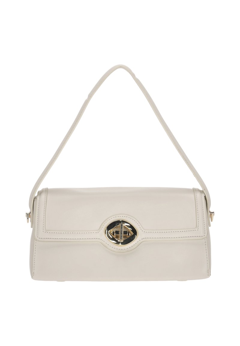 Geantă de mână din piele crem, cu un design structurat, o închizătoare ovală aurie și o singură curea pentru umăr. Textură netedă și detalii cusute.