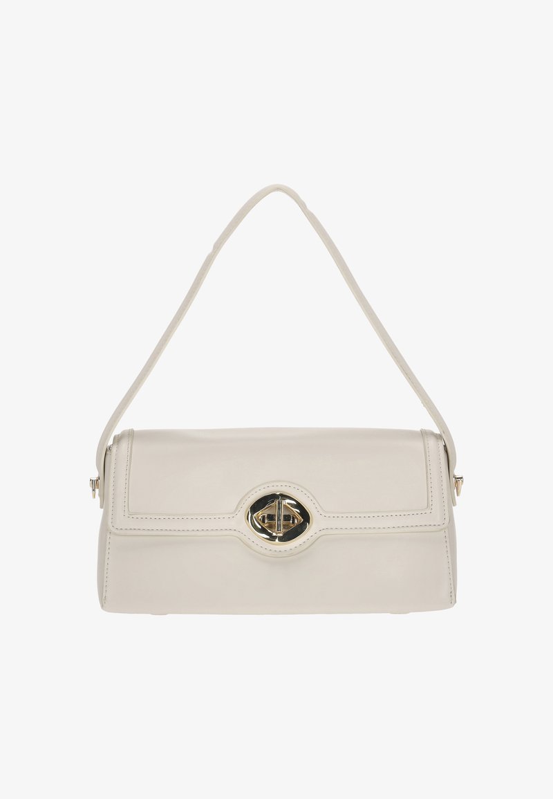 Geantă de mână din piele crem, cu un design structurat, o închizătoare ovală aurie și o singură curea pentru umăr. Textură netedă și detalii cusute.