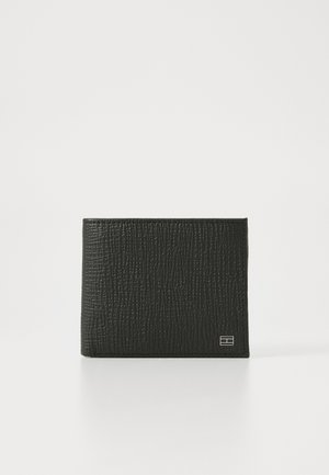 Black textured wallet with a subtle pattern, featuring a small silver logo accent at the bottom right corner. Rectangular shape.