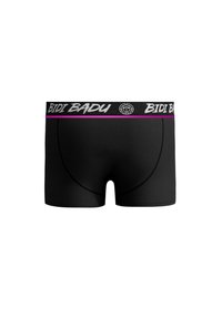 Boxer neri con un ampio elastico in vita che presenta la scritta "BIDI BADU" in bianco e con accenti rosa. Texture liscia e design aderente.