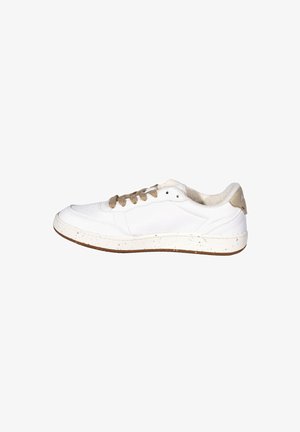White sneaker featuring a textured leather upper, brown laces, and a speckled sole. Additional beige accents on the heel and lining.