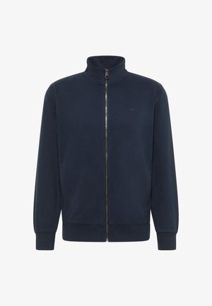 Marineblaue Fleecejacke mit Reißverschluss. Verfügt über einen Stehkragen, lange Ärmel und Seitentaschen. Dezentes Markenlogo auf der Brust.