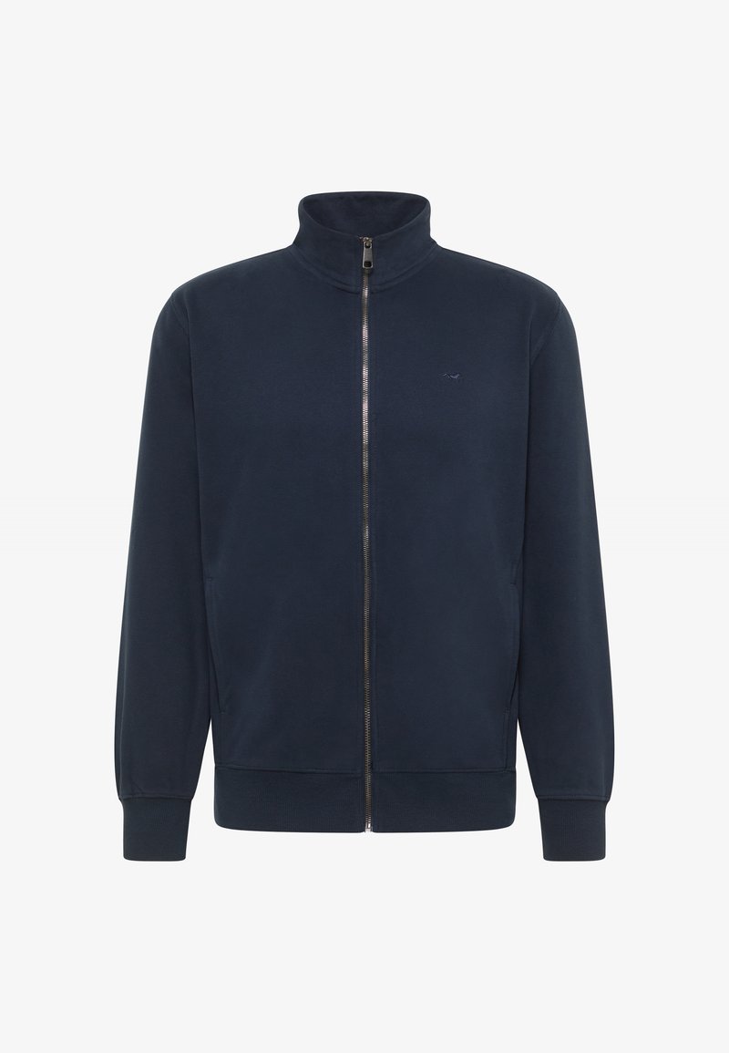 Marineblaue Fleecejacke mit Reißverschluss. Verfügt über einen Stehkragen, lange Ärmel und Seitentaschen. Dezentes Markenlogo auf der Brust.