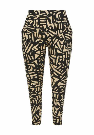 Black and cream patterned pants with abstract designs; features a tapered fit and side pockets. Made from a lightweight, textured material.