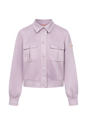 Lichtpaarse cropped jas met kraag, drukknopen aan de voorkant, lange mouwen en twee borstzakken met klep en knopen.