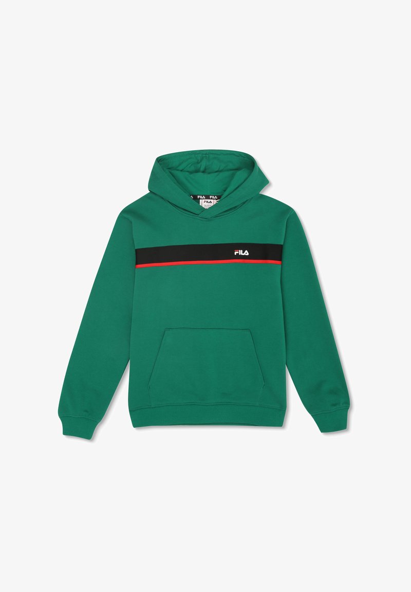 Sudadera verde con una franja negra y un acento rojo, tela suave, bolsillo canguro y puños acanalados. Logotipo mostrado en el pecho.