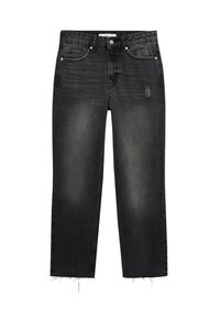 Črne jeans hlače z ravnim krojem, z obrabljenimi mesti, trganimi roba in petimi žepi. Iz bombaža.