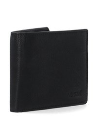 Zwarte leren portemonnee met een textuurafwerking, dubbelvouw ontwerp en een geperst logo. Randen zijn gestikt voor duurzaamheid.
