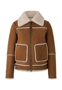 Braune Wildlederjacke mit Schaffellkragen, Reißverschluss und zwei großen Fronttaschen. Verfügt über cremefarbene Paspelierungen an den Nähten und Kanten.