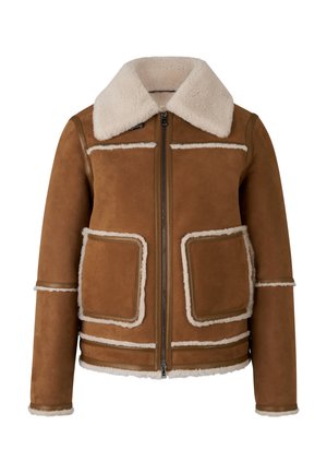 Brązowa skórzana kurtka z kołnierzem ze sztucznego futra, zamek błyskawiczny z przodu oraz dwie duże kieszenie z przodu. Posiada kremowe lamówki wzdłuż szwów i krawędzi.