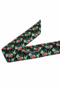 Floral tie featuring a black base with vibrant red flowers and green leaves; smooth fabric with pointed ends; brand name "Blackskies" displayed.