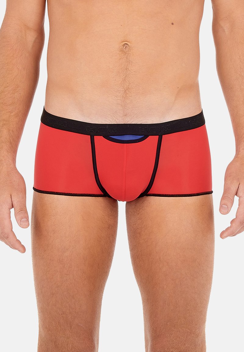 Red men's boxer briefs with a black waistband. The fabric features a smooth texture and a contrasting blue accent at the front.