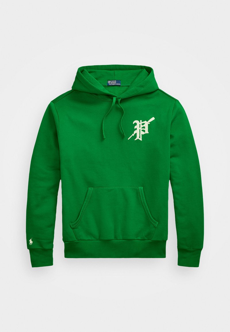 Zaļš kapuci ar kangaroo kabatu, aukliņas kapuci un izšūtu logo uz krūtīm. Pabeigts ar ribotām piedurknēm un apakšu.